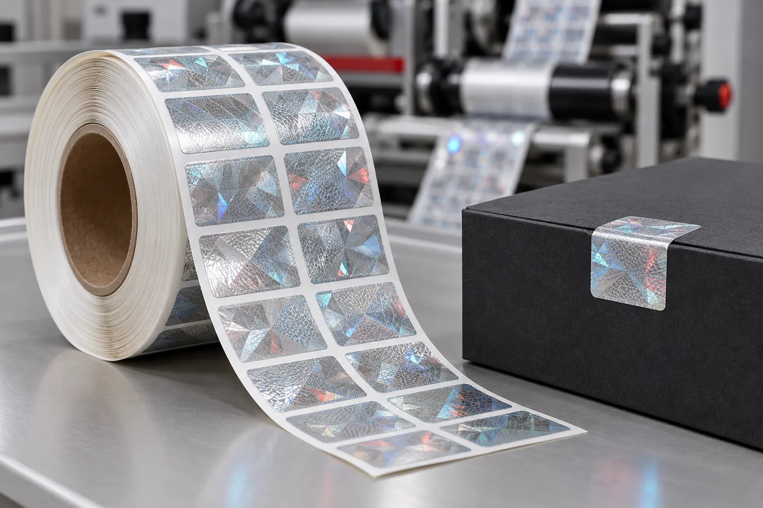 Optik desenli 3D hologram etiket rulosu ve kutu uygulamasını gösteren ürün görünümü